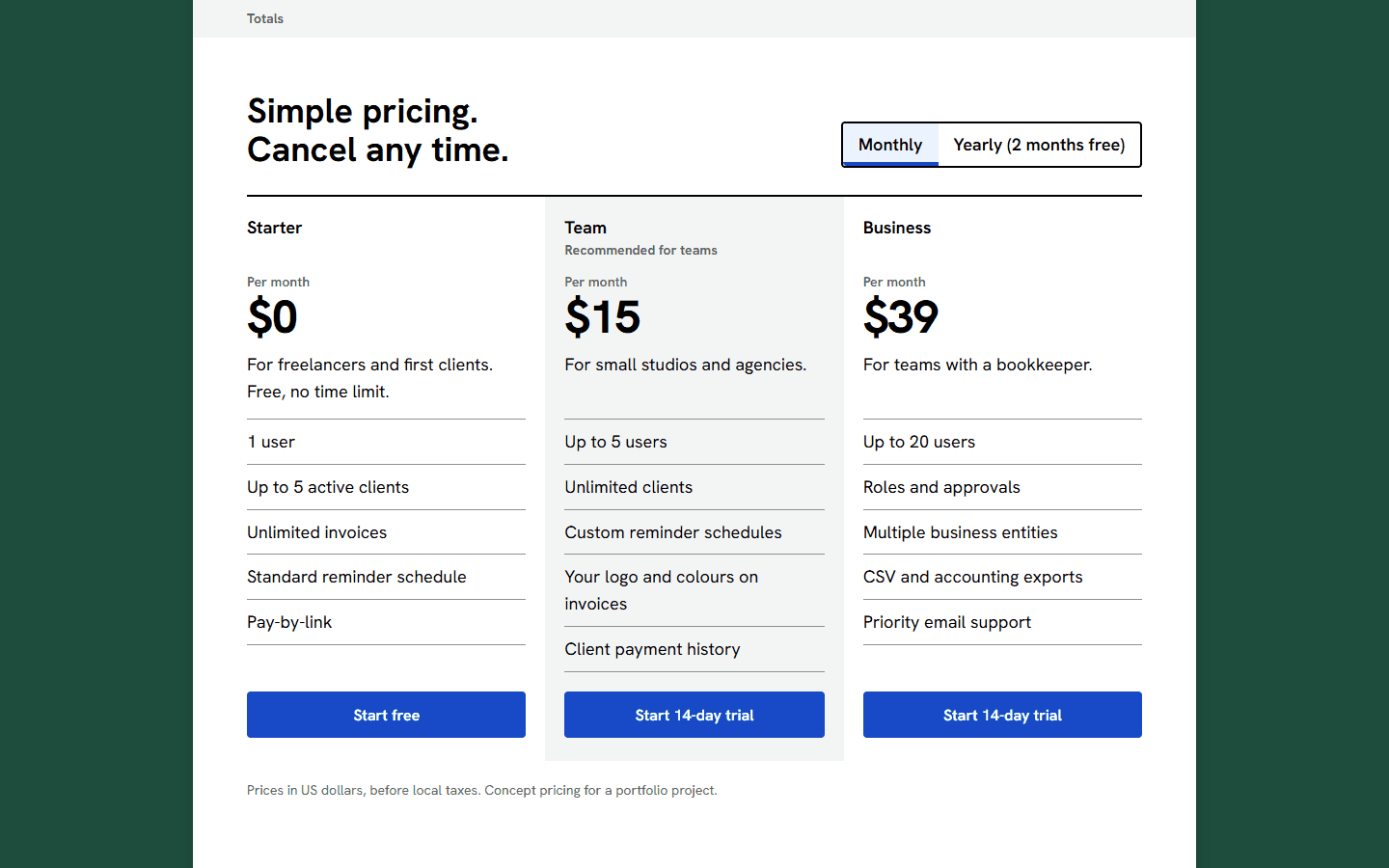 The Totals part: a monthly and yearly toggle and three pricing plans, Starter, Team and Business, with the Team plan labelled as recommended.