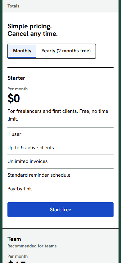 The Totals part on a phone: the billing toggle, the Starter plan and the start of the Team plan, labelled as recommended for teams.