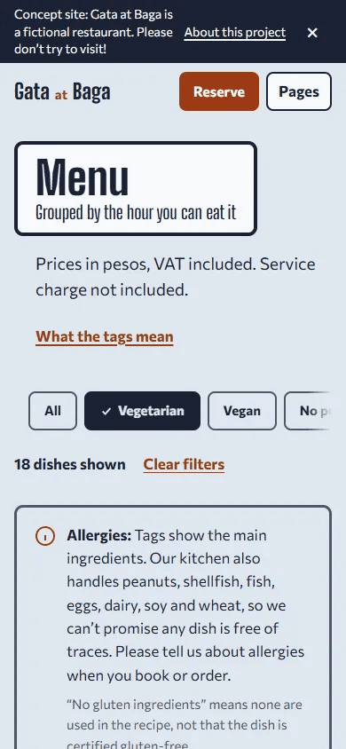 The menu on a phone with the Vegetarian filter on, showing the dish count and an allergy notice.