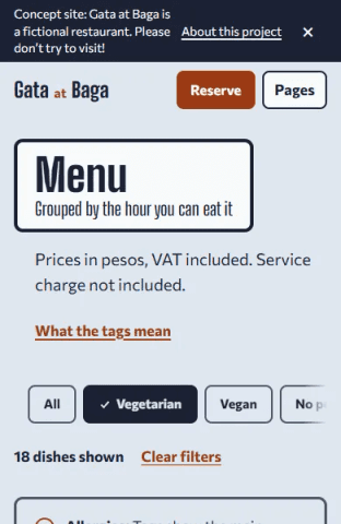 The menu filtered to vegetarian dishes, with the count and allergy note.