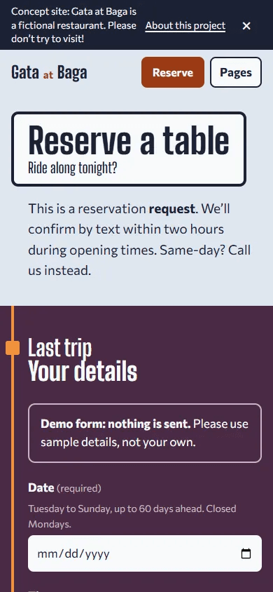 The Reserve a table page on a phone, with the demo-form notice and the date field on the dusk-coloured last stop.