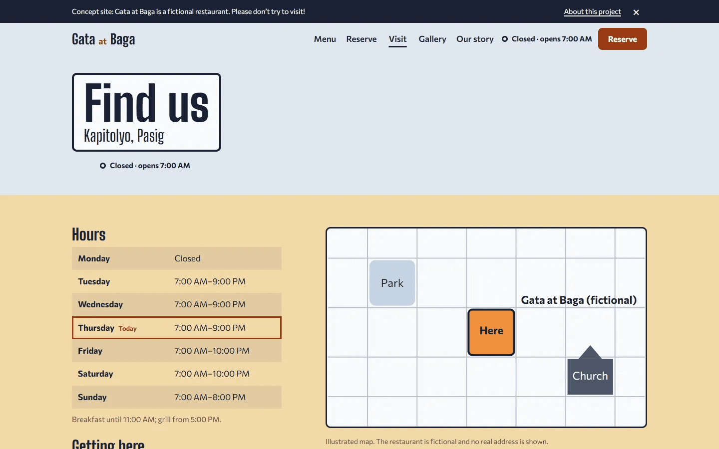 The Visit page: opening hours with today highlighted, beside an illustrated map of a fictional location.