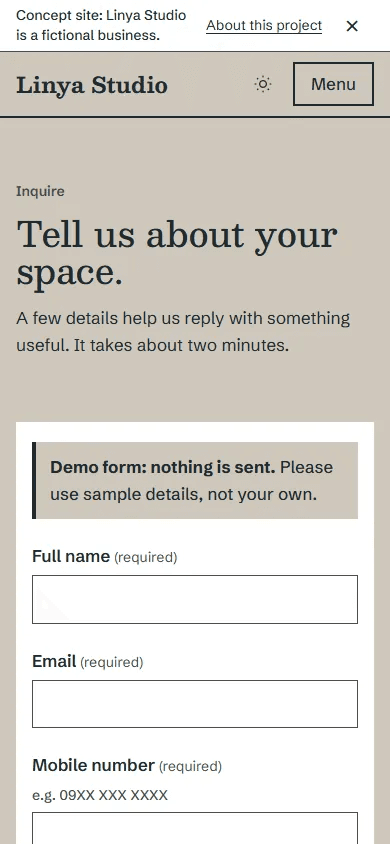 The Inquire page on a phone: the heading, the demo notice and the first fields of the form on a white sheet.