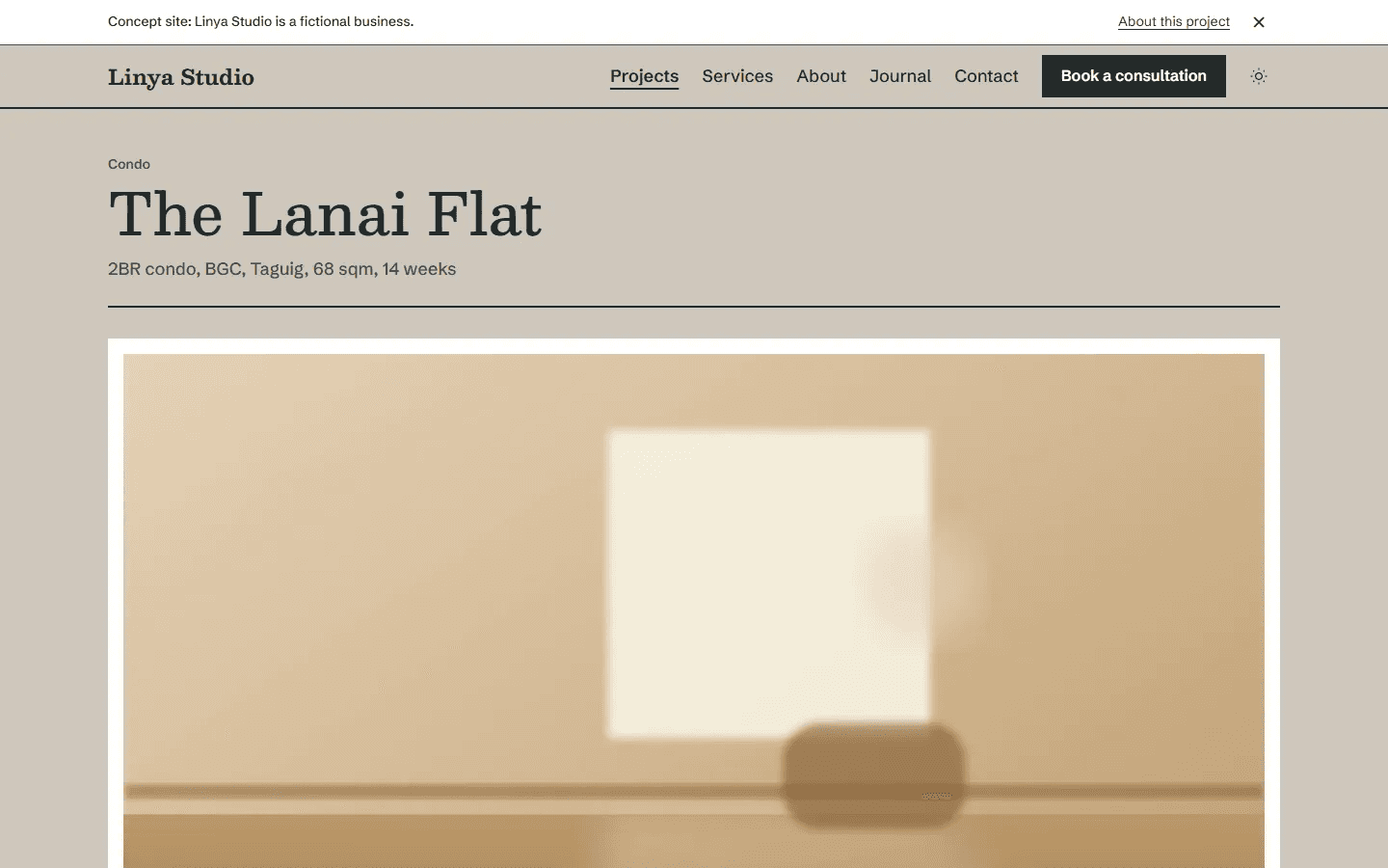 A project page: the title block for The Lanai Flat above a framed hero photo.