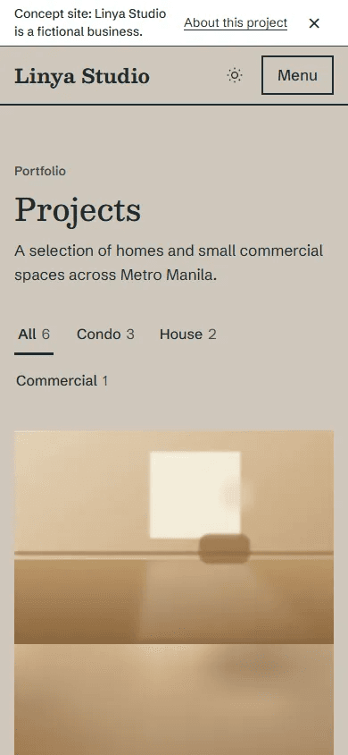 The Projects index on a phone, with filter tabs and the first project card and its material strip.